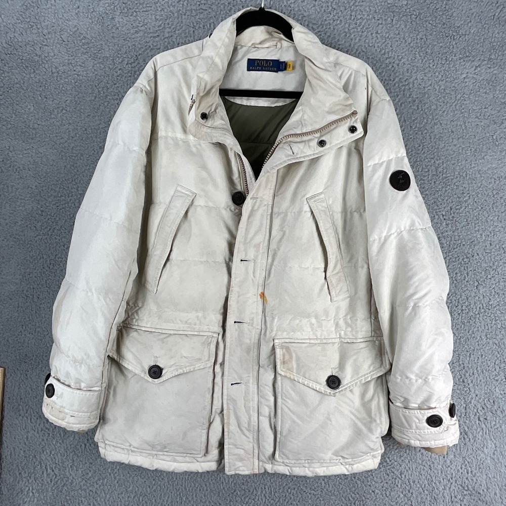 Polo Ralph Lauren Puffer Parka Mens XL White Fair Stained Down Winter Jacket